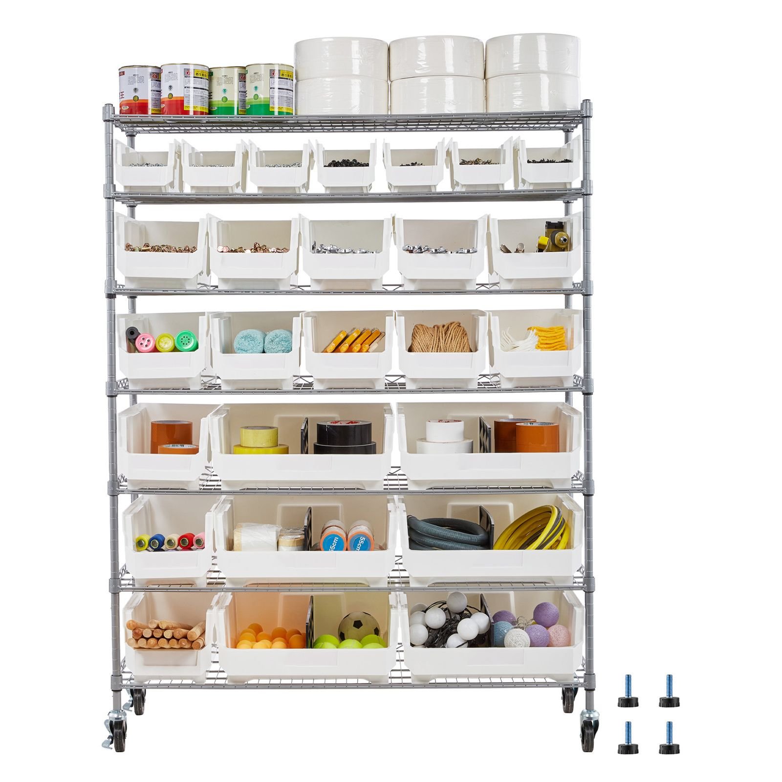 7 tier rolling bin storage rack, 26 organizer bins, bin rack storage steel wire shelving system with wheels, mobile tool organizer for garage, warehouse, office, restaurant, classroom, kitchen