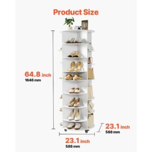7 tier rotating shoe rack tower with adjustable shelves, movable 360° spinning carousel display with wheels, lazy susan organizer closet for bedroom, living room, entryway, closet, white