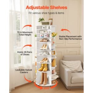7 tier rotating shoe rack tower with adjustable shelves, movable 360° spinning carousel display with wheels, lazy susan organizer closet for bedroom, living room, entryway, closet, white