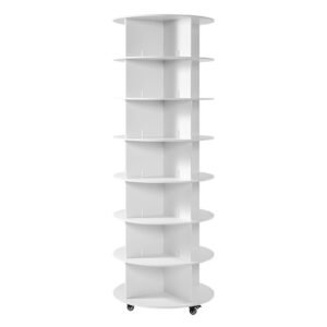 7 tiers rotating shoe rack tower with wheels, movable 360° spinning carousel display, lazy susan organizer closet shelf for living room, entryway, white