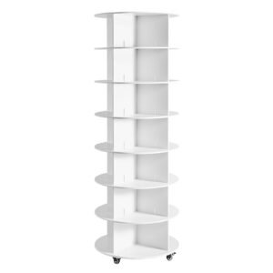 7 Tiers Rotating Shoe Rack Tower with Wheels, Movable 360° Spinning Carousel Display, Lazy Susan Organizer Closet Shelf for Living Room, Entryway, White
