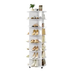 7 tiers rotating shoe rack tower with wheels, movable 360° spinning carousel display, lazy susan organizer closet shelf for living room, entryway, white