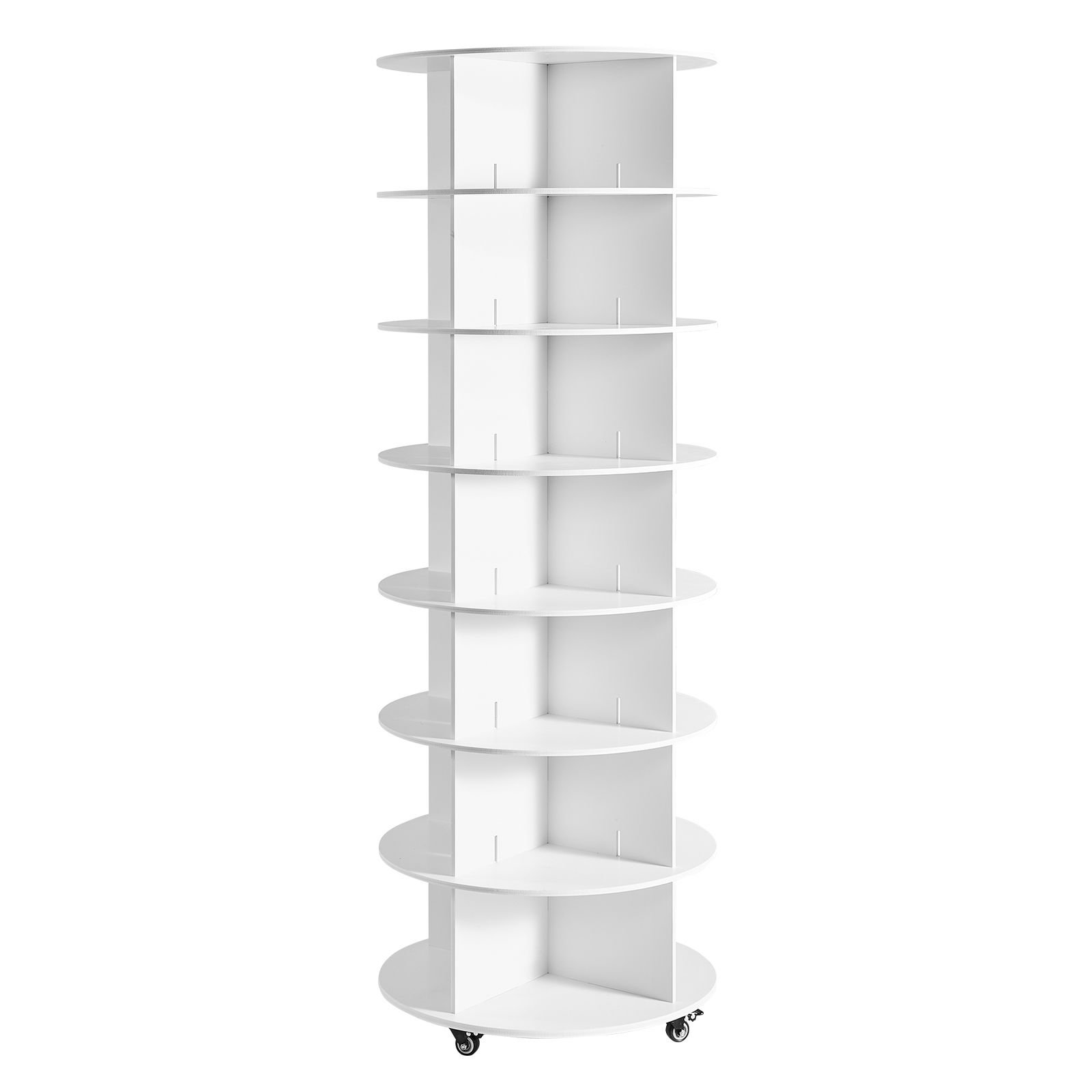 7 tiers rotating shoe rack tower with wheels, movable 360° spinning carousel display, lazy susan organizer closet shelf for living room, entryway, white