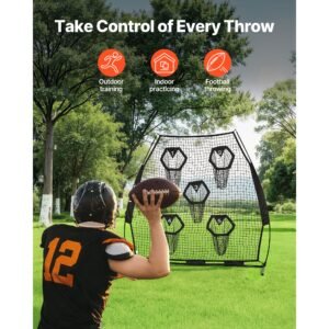 7 x 7 ft football trainer throwing net, training throwing target practice net with 5 target pockets, knotless net includes straps and portable carry case, improve qb throwing accuracy, black