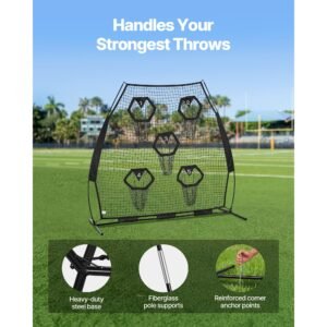 7 x 7 ft football trainer throwing net, training throwing target practice net with 5 target pockets, knotless net includes straps and portable carry case, improve qb throwing accuracy, black