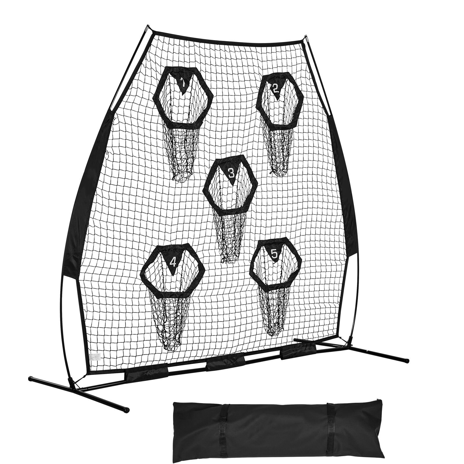 7 x 7 ft football trainer throwing net, training throwing target practice net with 5 target pockets, knotless net includes straps and portable carry case, improve qb throwing accuracy, black