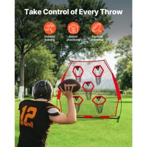 7 x 7 ft football trainer throwing net, training throwing target practice net with 5 target pockets, knotless net includes straps and portable carry case, improve qb throwing accuracy, red