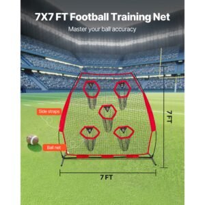 7 x 7 ft football trainer throwing net, training throwing target practice net with 5 target pockets, knotless net includes straps and portable carry case, improve qb throwing accuracy, red