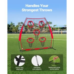 7 x 7 ft football trainer throwing net, training throwing target practice net with 5 target pockets, knotless net includes straps and portable carry case, improve qb throwing accuracy, red