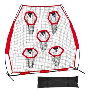 7 x 7 ft Football Trainer Throwing Net, Training Throwing Target Practice Net with 5 Target Pockets, Knotless Net Includes Straps and Portable Carry Case, Improve QB Throwing Accuracy, Red