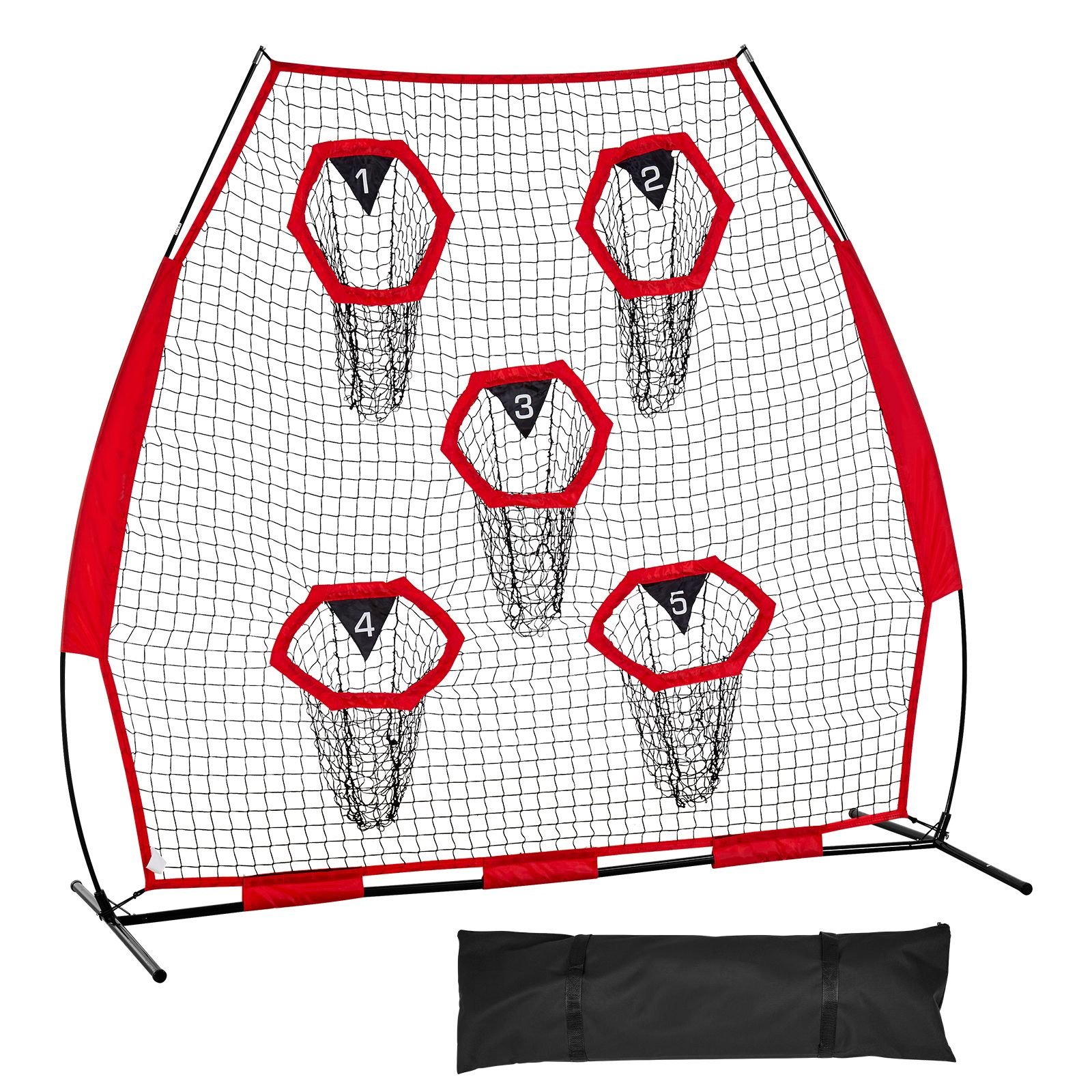 7 x 7 ft football trainer throwing net, training throwing target practice net with 5 target pockets, knotless net includes straps and portable carry case, improve qb throwing accuracy, red