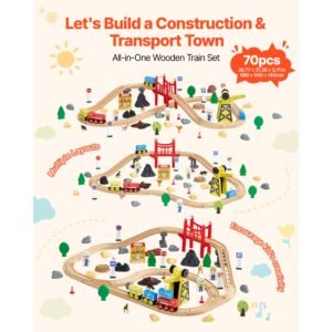 70pcs wooden train set, with magnetic crane, wood train track toy for kids ages 3 8, construction crane railway set, compatible with major brands, christmas birthday toy for toddlers boys girls
