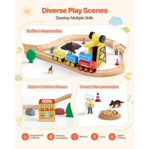 70pcs wooden train set, with magnetic crane, wood train track toy for kids ages 3 8, construction crane railway set, compatible with major brands, christmas birthday toy for toddlers boys girls