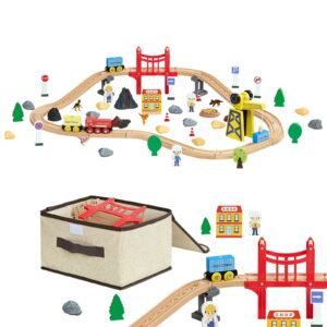 70PCS Wooden Train Set, with Magnetic Crane, Wood Train Track Toy for Kids Ages 3-8, Construction Crane Railway Set, Compatible with Major Brands, Christmas Birthday Toy for Toddlers Boys Girls