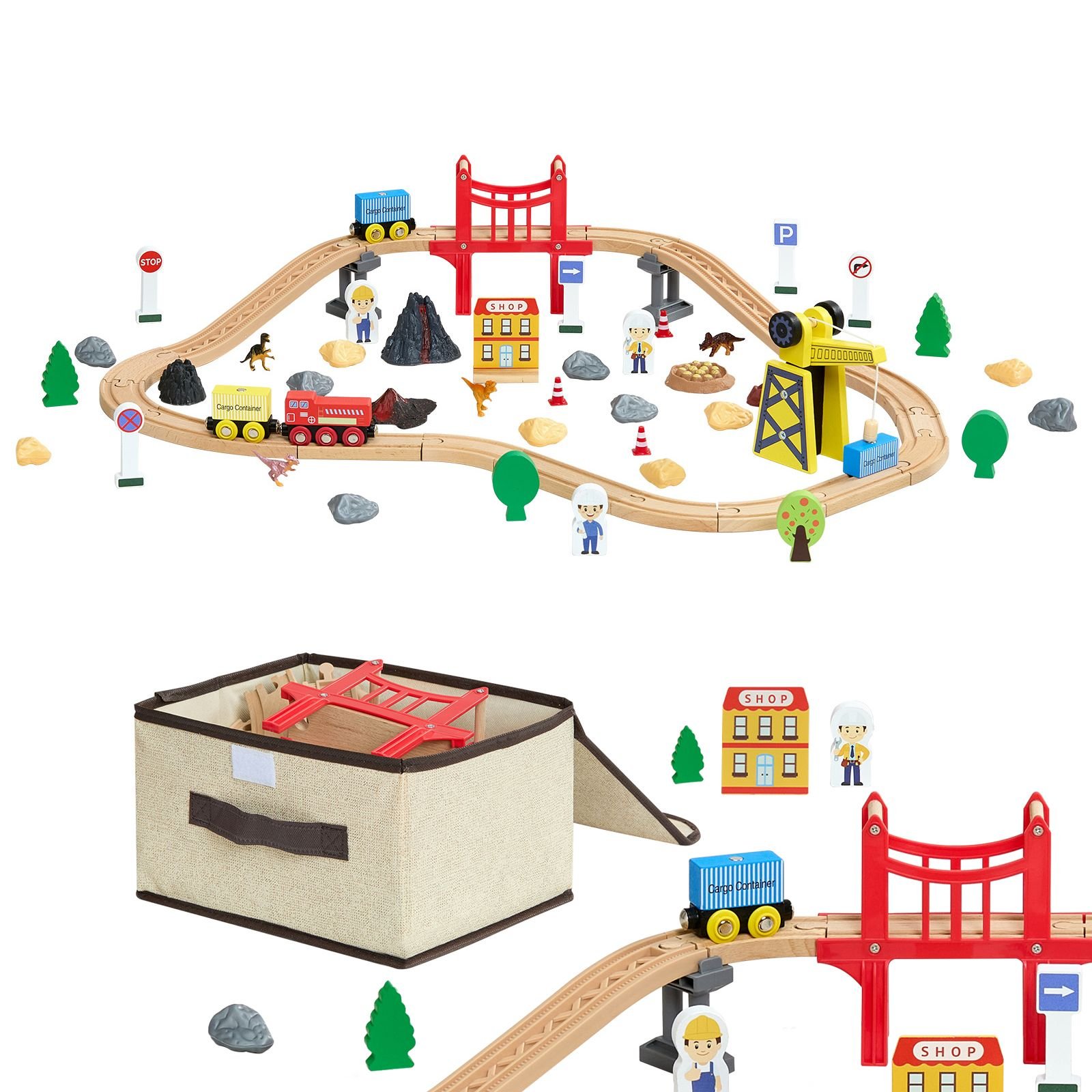 70pcs wooden train set, with magnetic crane, wood train track toy for kids ages 3 8, construction crane railway set, compatible with major brands, christmas birthday toy for toddlers boys girls