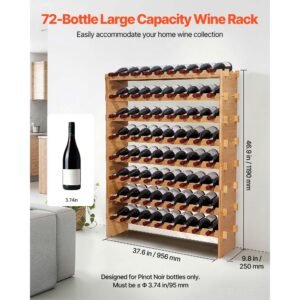 72 bottle stackable modular wine rack, 8 tier, floor freestanding wine storage rack, sturdy wines holder display shelf, wobble free shelves, easy assembly, for kitchen, cellar, and bar, natural