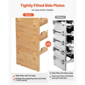 72 bottle stackable modular wine rack, 8 tier, floor freestanding wine storage rack, sturdy wines holder display shelf, wobble free shelves, easy assembly, for kitchen, cellar, and bar, natural
