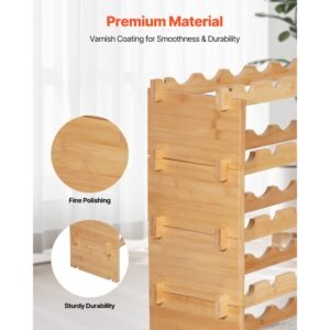 72 bottle stackable modular wine rack, 8 tier, floor freestanding wine storage rack, sturdy wines holder display shelf, wobble free shelves, easy assembly, for kitchen, cellar, and bar, natural
