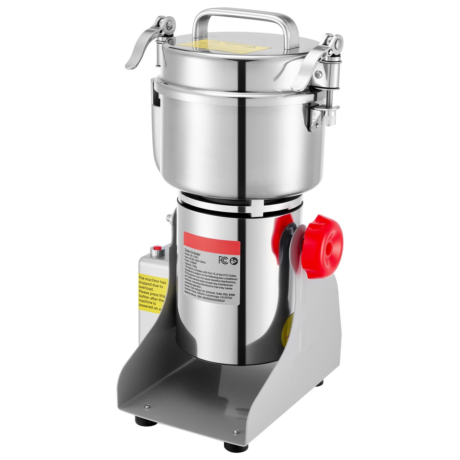 750g electric grain mill grinder, 2000w 28000rpm high speed spice corn dry grinding machine, stainless steel pulverizer powder machine for dried grains coffee beans spices nuts (270° swing type)