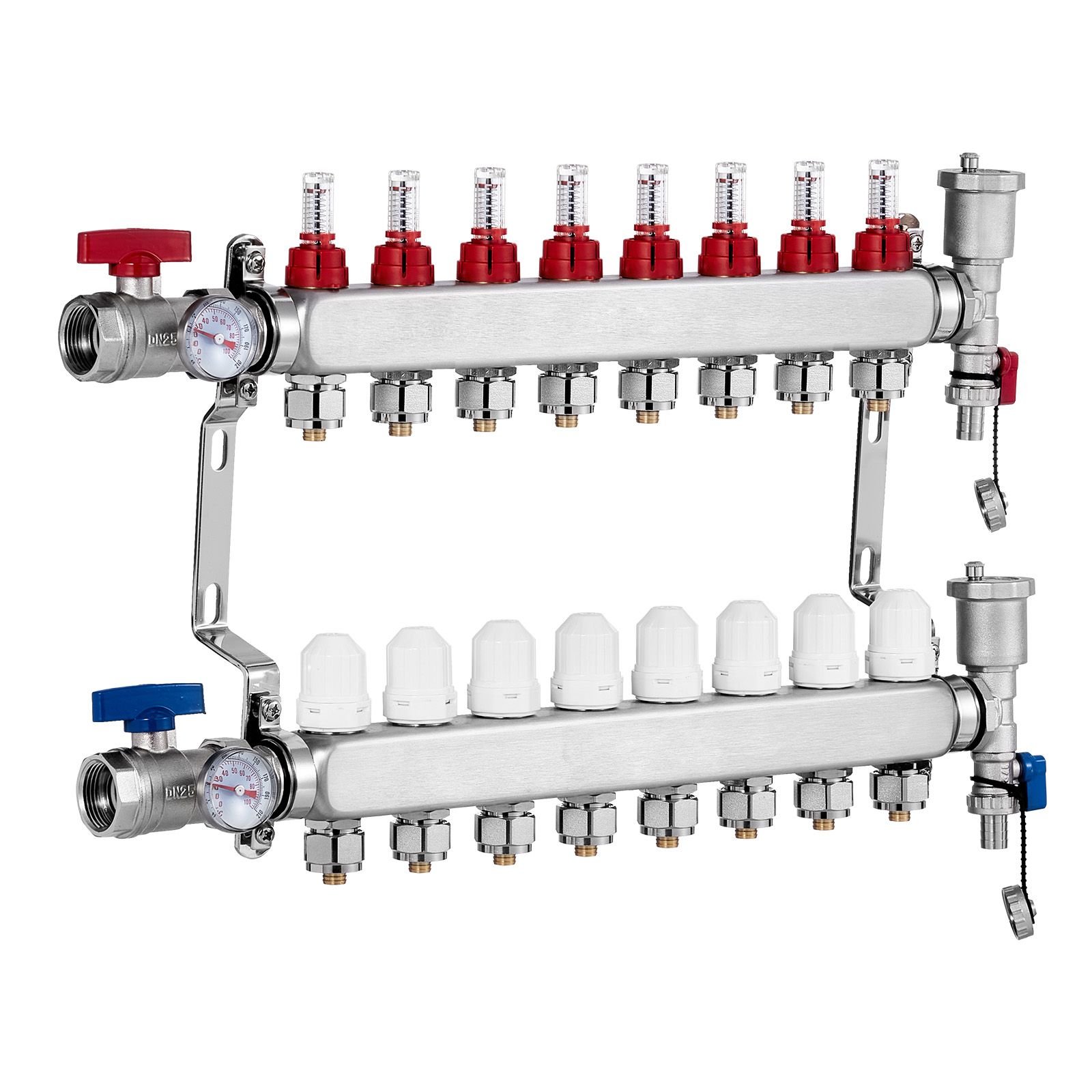 8 branch radiant heat manifold, 1/2" pex tubing manifold, stainless steel pex manifold for hydronic radiant floor heating, radiant heat pex manifold kit with 1/2" adapters included