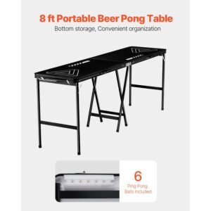 8 foot portable beer pong table, foldable 36 inch heightened table, carrying handles and 6 pong balls, lightweight tailgate table for office, tailgate party, travel & camping, black