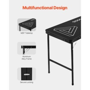 8 foot portable beer pong table, foldable 36 inch heightened table, carrying handles and 6 pong balls, lightweight tailgate table for office, tailgate party, travel & camping, black
