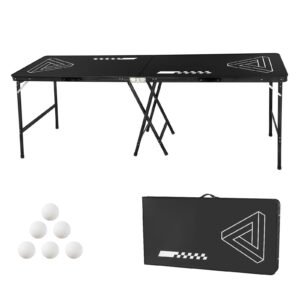 8 Foot Portable Beer Pong Table, Foldable 36 inch Heightened Table, Carrying Handles and 6 Pong Balls, Lightweight Tailgate Table for Office, Tailgate Party, Travel & Camping, Black