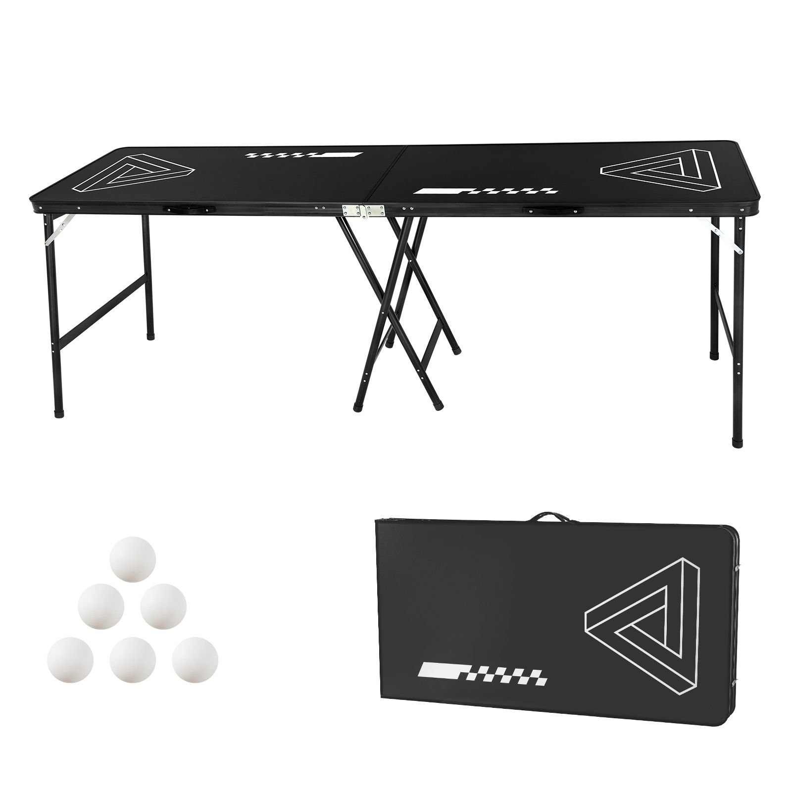 8 foot portable beer pong table, foldable 36 inch heightened table, carrying handles and 6 pong balls, lightweight tailgate table for office, tailgate party, travel & camping, black