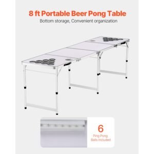 8 foot portable beer pong table, folding tailgate table, cup holes, dry erase markers and carrying handles, adjustable height, lightweight table for office, tailgate party & camping, white