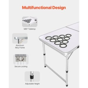 8 foot portable beer pong table, folding tailgate table, cup holes, dry erase markers and carrying handles, adjustable height, lightweight table for office, tailgate party & camping, white