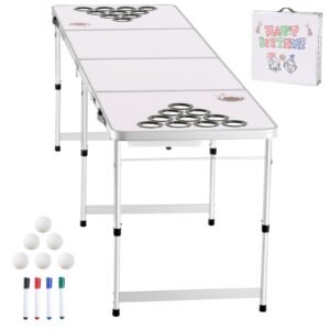8 Foot Portable Beer Pong Table, Folding Tailgate Table, Cup Holes, Dry Erase Markers and Carrying Handles, Adjustable Height, Lightweight Table for Office, Tailgate Party & Camping, White