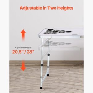 8 foot portable beer pong table, folding tailgate table, cup holes, dry erase markers and carrying handles, adjustable height, lightweight table for office, tailgate party & camping, white