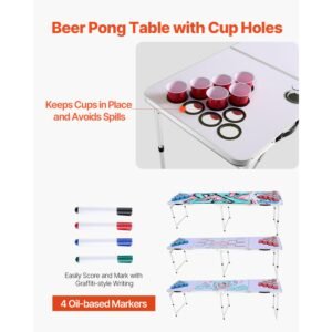 8 foot portable beer pong table, folding tailgate table, cup holes, dry erase markers and carrying handles, adjustable height, lightweight table for office, tailgate party & camping, white