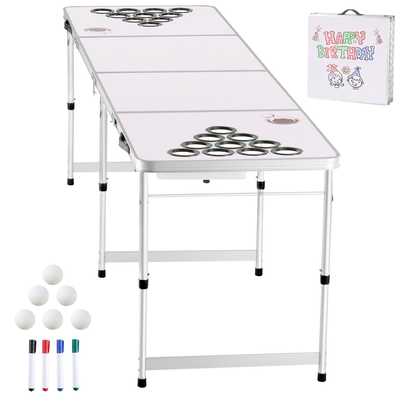 8 foot portable beer pong table, folding tailgate table, cup holes, dry erase markers and carrying handles, adjustable height, lightweight table for office, tailgate party & camping, white
