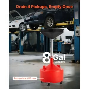 8 gallon waste oil drain tank, industrial fluid drain tank with adjustable funnel height, portable oil drainer with wheels, fluid fuel transfer drainage for auto repair shops, garages, red