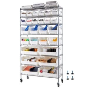 8-Tier Rolling Bin Storage Rack, 26 Organizer Bins, Bin Rack Storage Steel Wire Shelving System with Wheels, Mobile Tool Organizer for Garage, Warehouse, Office, Restaurant, Classroom, Kitchen