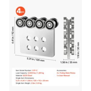 8 wheel trolley assembly rollers, 4 pcs 3000 lbs load, dual bearing trolley assembly for 1 5/8" wide and all 1 5/8" or taller strut channel, heavy duty sliding track system for warehouse garage