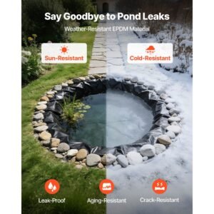8 x 10 ft pond liner, 45 mil thickness, epdm rubber material fish pond liner for outdoor ponds, easy to cut, durable & leakproof, for water garden, waterfall, fishpond, koi, fountains, black