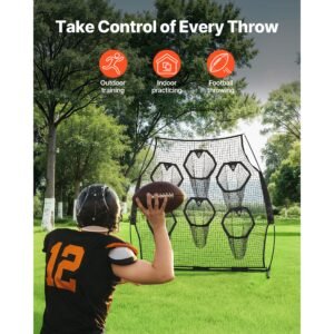 8 x 8 ft football trainer throwing net, training throwing target practice net with 6 target pockets, knotless net includes straps and portable carry case, improve qb throwing accuracy, black