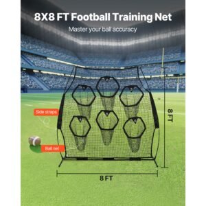 8 x 8 ft football trainer throwing net, training throwing target practice net with 6 target pockets, knotless net includes straps and portable carry case, improve qb throwing accuracy, black