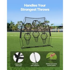 8 x 8 ft football trainer throwing net, training throwing target practice net with 6 target pockets, knotless net includes straps and portable carry case, improve qb throwing accuracy, black
