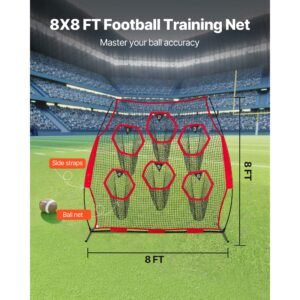 8 x 8 ft football trainer throwing net, training throwing target practice net with 6 target pockets, knotless net includes straps and portable carry case, improve qb throwing accuracy, red