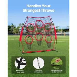 8 x 8 ft football trainer throwing net, training throwing target practice net with 6 target pockets, knotless net includes straps and portable carry case, improve qb throwing accuracy, red