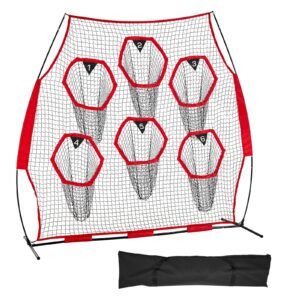8 x 8 ft Football Trainer Throwing Net, Training Throwing Target Practice Net with 6 Target Pockets, Knotless Net Includes Straps and Portable Carry Case, Improve QB Throwing Accuracy, Red