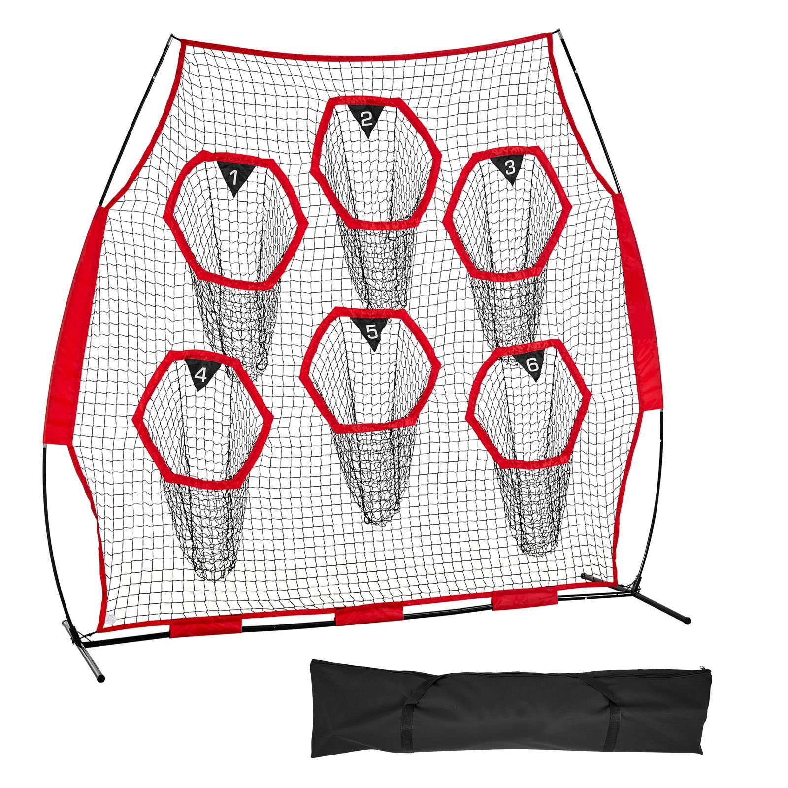 8 x 8 ft football trainer throwing net, training throwing target practice net with 6 target pockets, knotless net includes straps and portable carry case, improve qb throwing accuracy, red