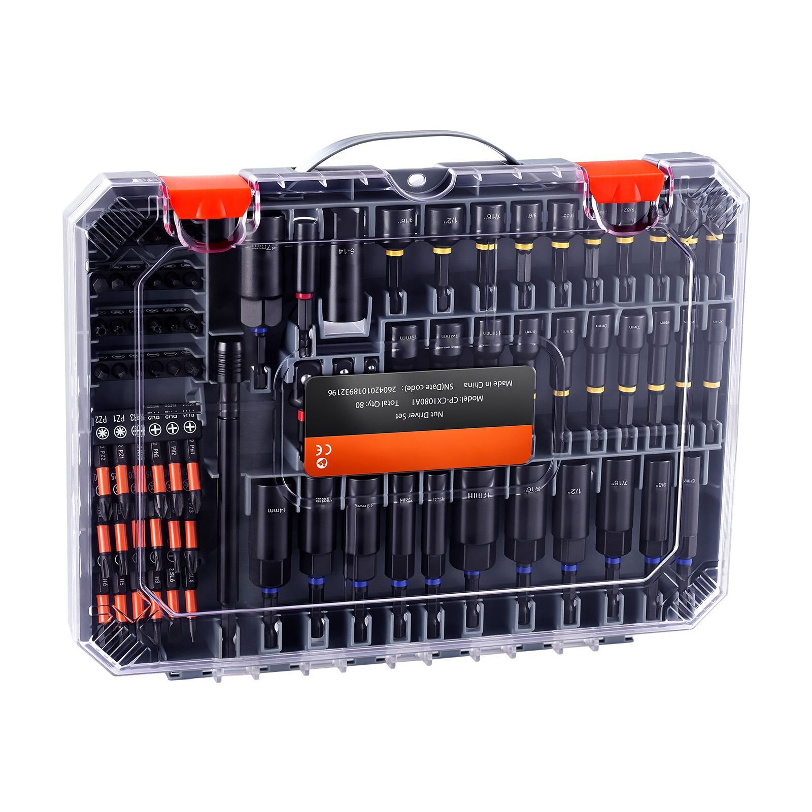 80 piece premium magnetic impact nut driver set, metric & sae sizes, with socket adapters, bit holder, wing nut driver, universal sockets, quick release extension, power bits, storage box