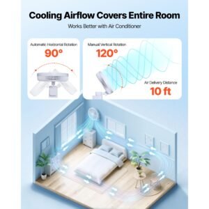 8.5 in wall mount fan, oscillating hanging fan with remote control, 10 ft powerful airflow, dc motor, 4 speeds & timer, auto 90° horizontal & manual vertical tilt, ideal for home, office, rv