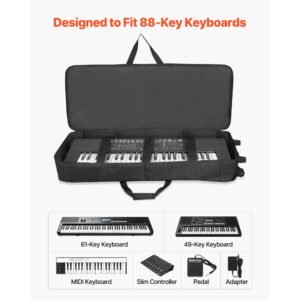 88 key keyboard case, 40.9 x 16.9 x 5.1 in interior, padded rolling piano case with wheels, sturdy handle, 3 pocket storage, gig bag with smooth wheels, for 88 note keyboards and electric pianos