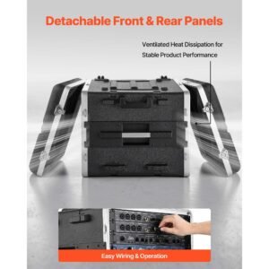 8u rack case, standard 19 in depth, rolling server cabinet with wheels, abs construction, retractable handle, latches, for amplifier (7u rack space + 1u wheel space), 18.4 in internal depth