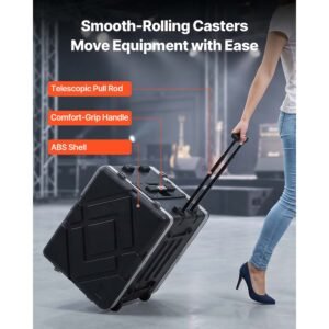8u rack case, standard 19 in depth, rolling server cabinet with wheels, abs construction, retractable handle, latches, for amplifier (7u rack space + 1u wheel space), 18.4 in internal depth